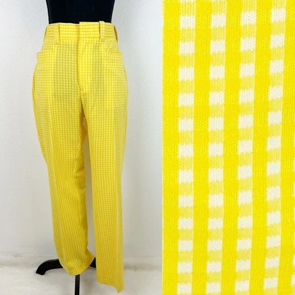 Vintage Women's M Pants Trousers Yellow Gingham 70s Mod Revival Retro Chic MCM - Picture 4 of 12